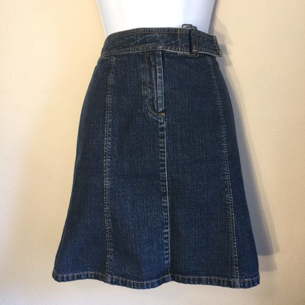 Kenneth Cole New York Denim Mini Skirt Size 6 Dark Wash Belted A Line